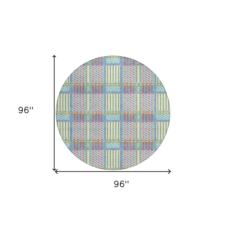 8' White Purple And Pink Round Plaid Washable Indoor Outdoor Area Rug