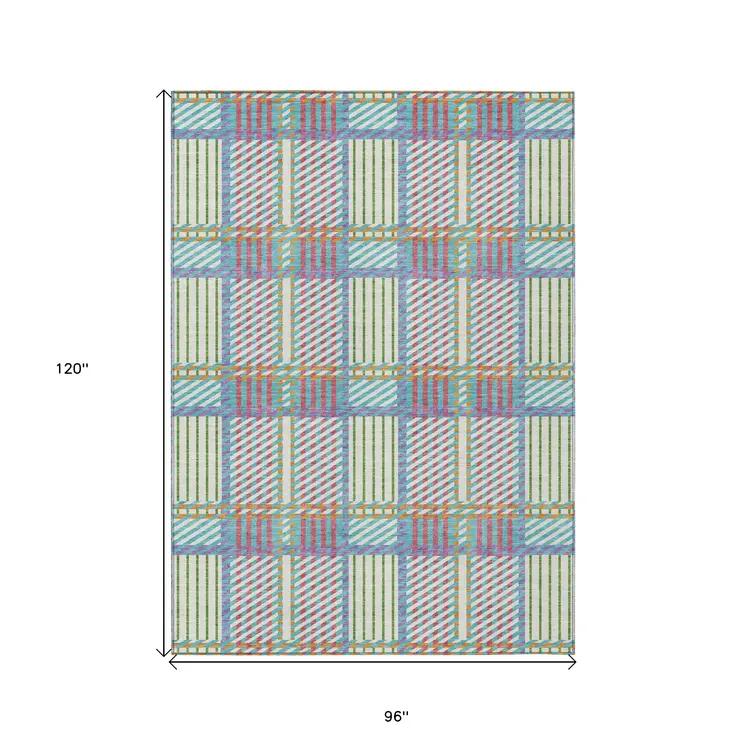 8' X 10' White Purple And Pink Plaid Washable Indoor Outdoor Area Rug