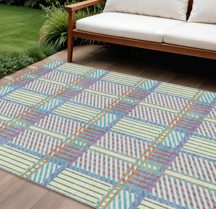 8' X 10' White Purple And Pink Plaid Washable Indoor Outdoor Area Rug