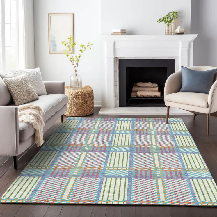 8' X 10' White Purple And Pink Plaid Washable Indoor Outdoor Area Rug