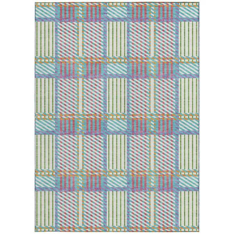 10' X 14' White Purple And Pink Plaid Washable Indoor Outdoor Area Rug
