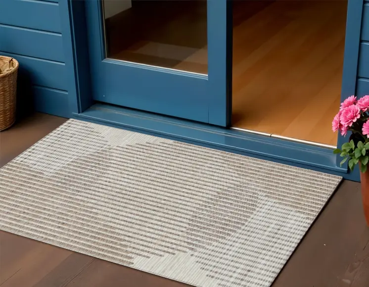 3' X 5' Beige And Ivory Geometric Washable Indoor Outdoor Area Rug