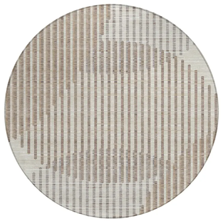 8' Beige And Ivory Round Geometric Washable Indoor Outdoor Area Rug
