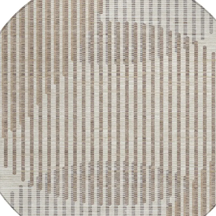 8' Beige And Ivory Round Geometric Washable Indoor Outdoor Area Rug