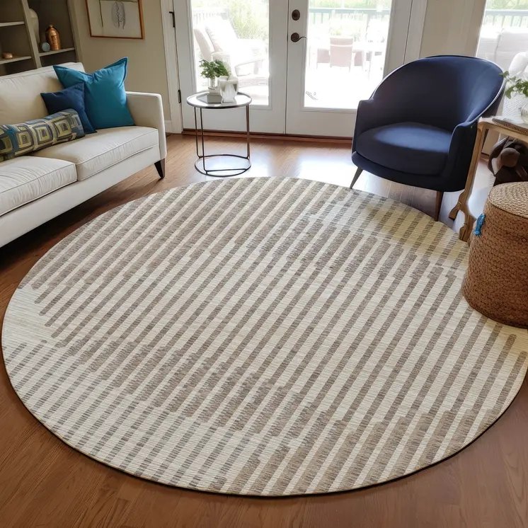 8' Beige And Ivory Round Geometric Washable Indoor Outdoor Area Rug