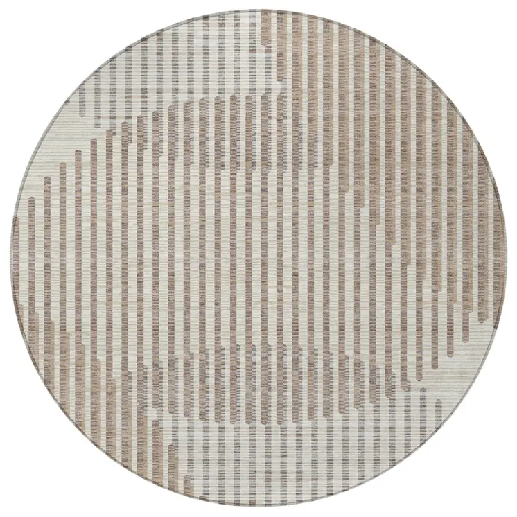 8' Beige And Ivory Round Geometric Washable Indoor Outdoor Area Rug