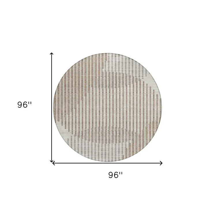 8' Beige And Ivory Round Geometric Washable Indoor Outdoor Area Rug