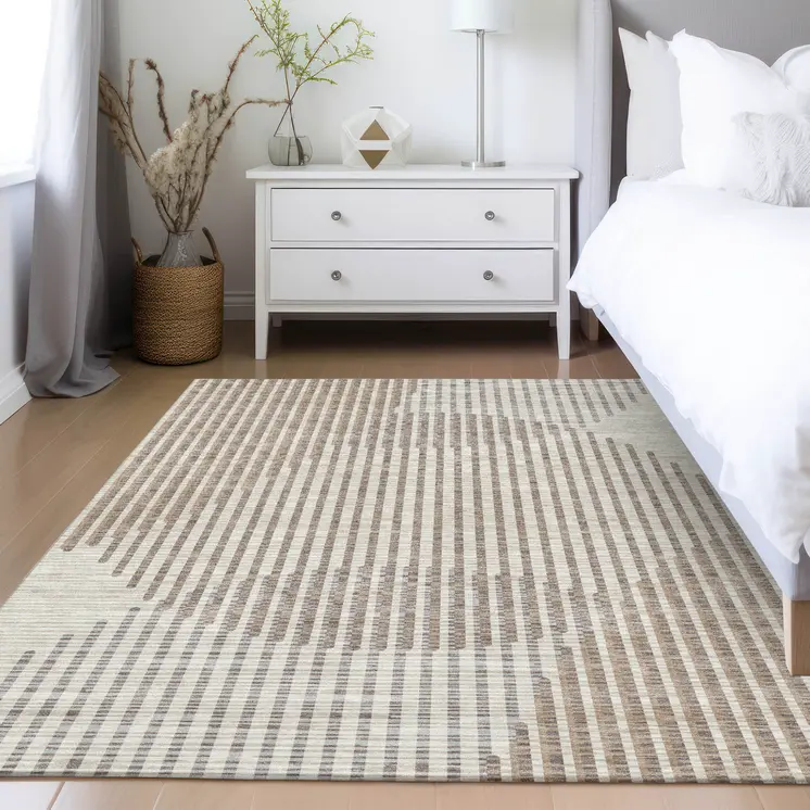 8' X 10' Beige And Ivory Geometric Washable Indoor Outdoor Area Rug