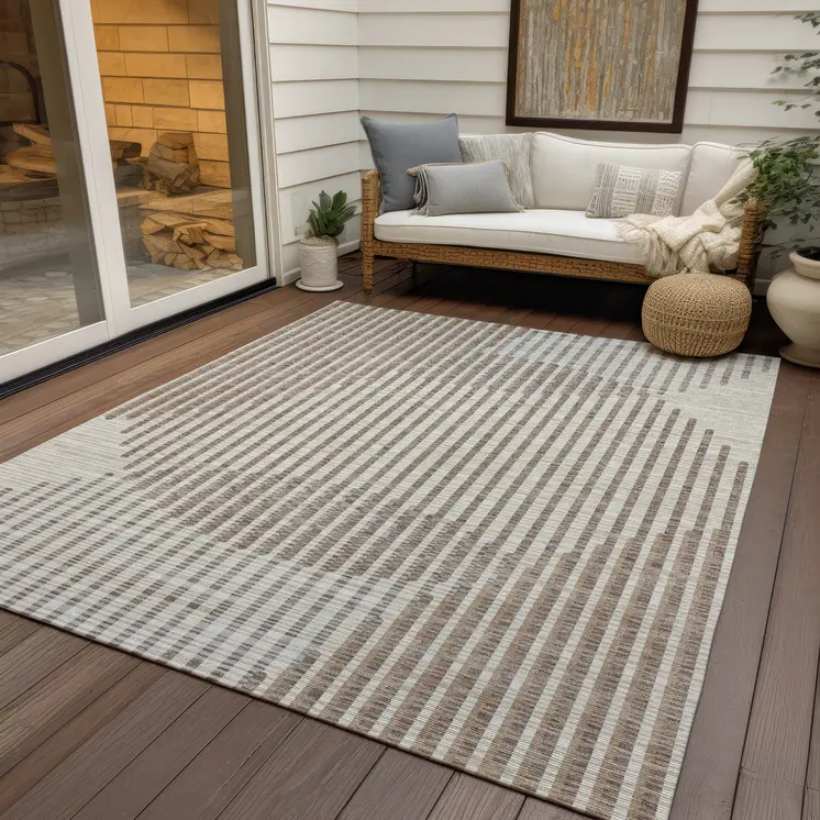 9' X 12' Beige And Ivory Geometric Washable Indoor Outdoor Area Rug