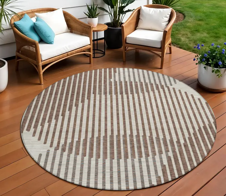 8' Brown And Beige Round Geometric Washable Indoor Outdoor Area Rug