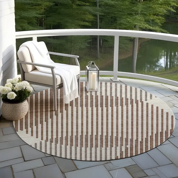 8' Brown And Beige Round Geometric Washable Indoor Outdoor Area Rug