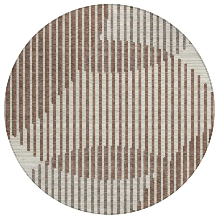 8' Brown And Beige Round Geometric Washable Indoor Outdoor Area Rug