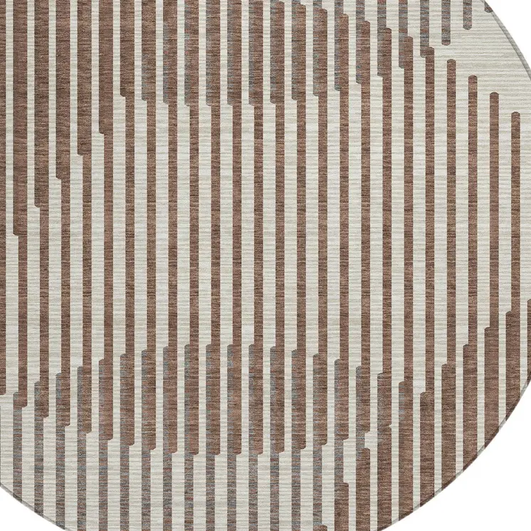 8' Brown And Beige Round Geometric Washable Indoor Outdoor Area Rug