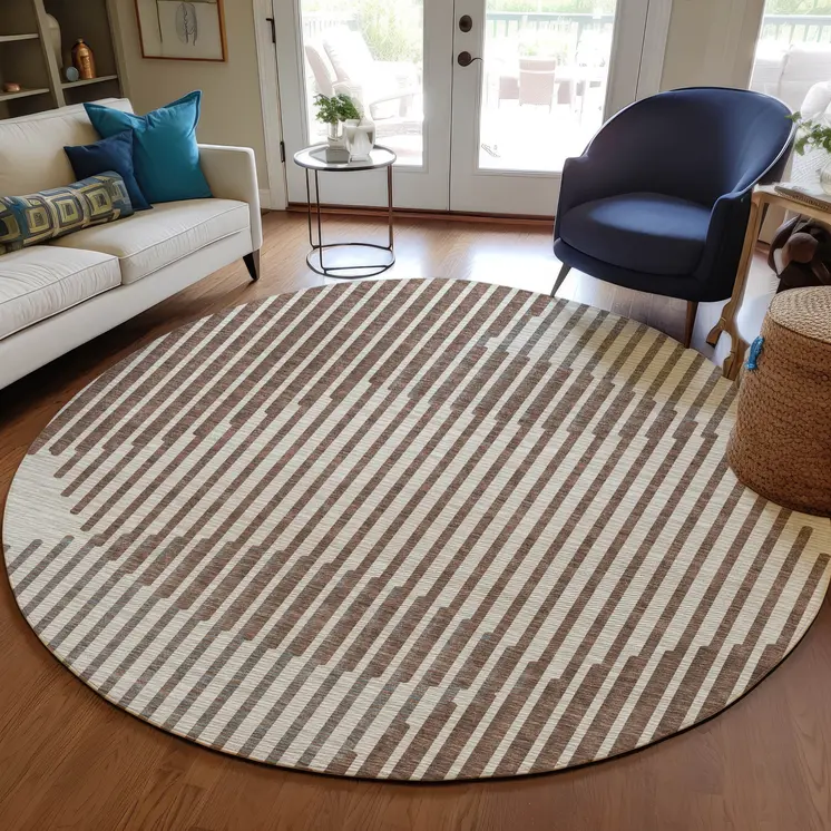 8' Brown And Beige Round Geometric Washable Indoor Outdoor Area Rug