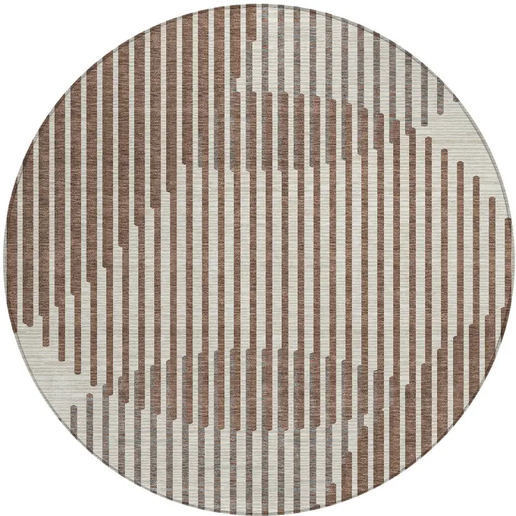 8' Brown And Beige Round Geometric Washable Indoor Outdoor Area Rug