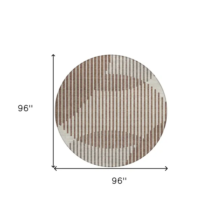 8' Brown And Beige Round Geometric Washable Indoor Outdoor Area Rug