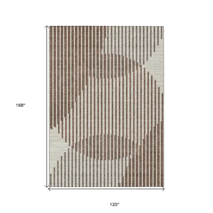 10' X 14' Brown And Beige Geometric Washable Indoor Outdoor Area Rug