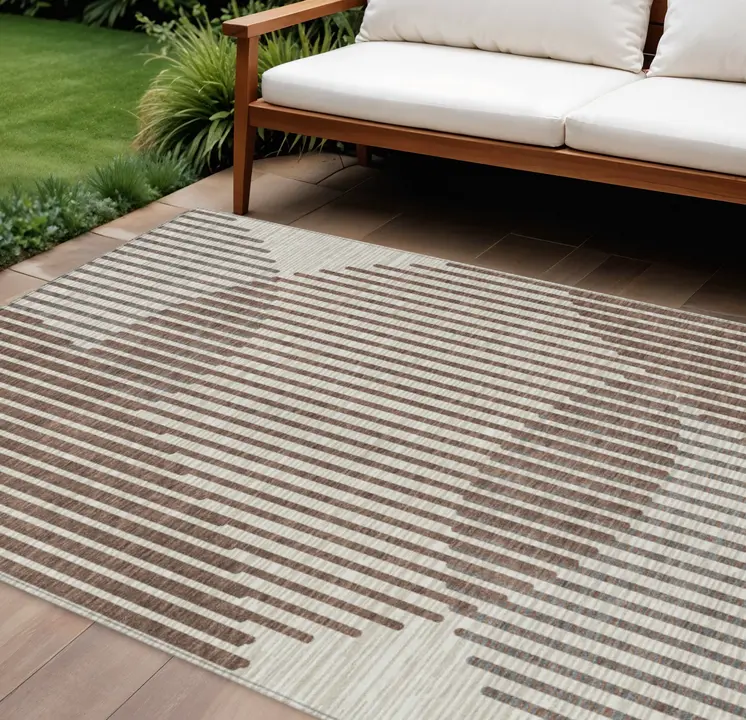 10' X 14' Brown And Beige Geometric Washable Indoor Outdoor Area Rug