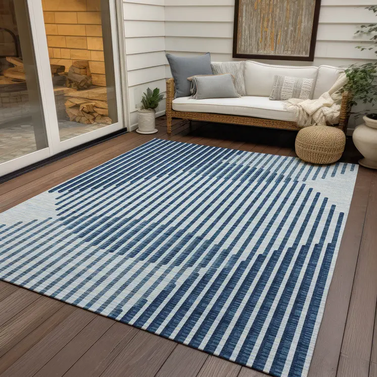 3' X 5' Blue And Ivory Geometric Washable Indoor Outdoor Area Rug