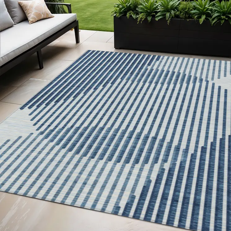 5' X 8' Blue And Ivory Geometric Washable Indoor Outdoor Area Rug