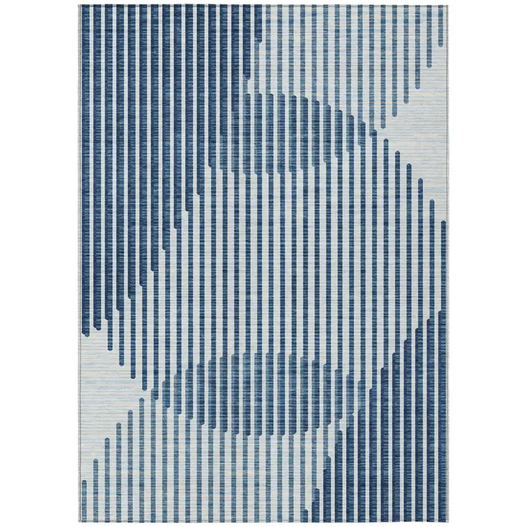 5' X 8' Blue And Ivory Geometric Washable Indoor Outdoor Area Rug