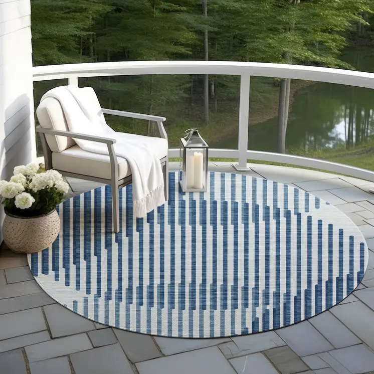 8' Blue And Ivory Round Geometric Washable Indoor Outdoor Area Rug