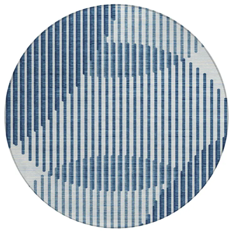 8' Blue And Ivory Round Geometric Washable Indoor Outdoor Area Rug