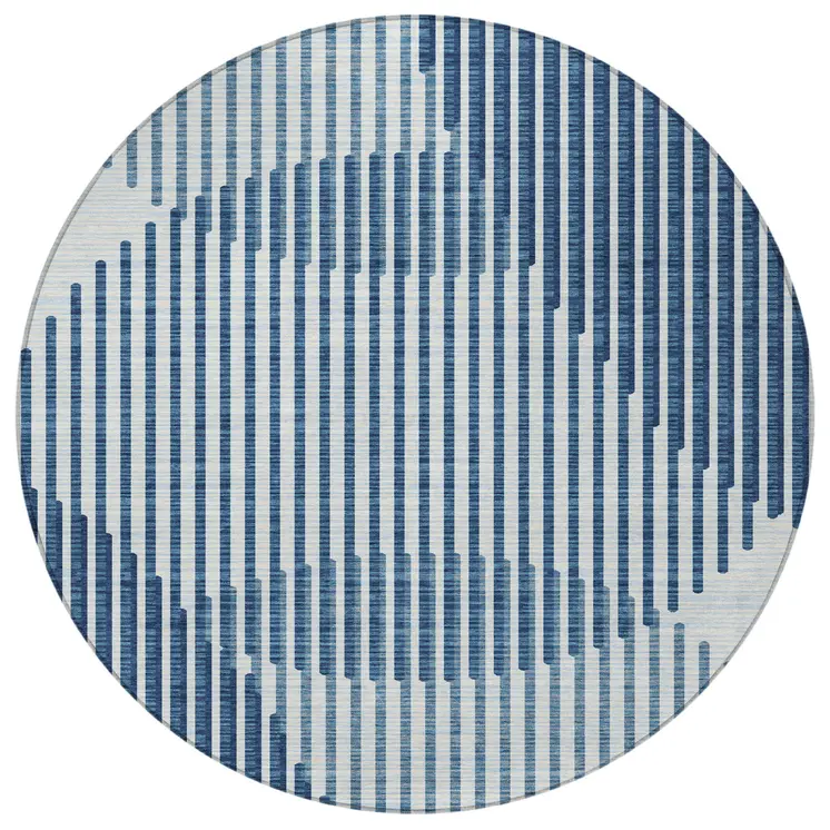 8' Blue And Ivory Round Geometric Washable Indoor Outdoor Area Rug