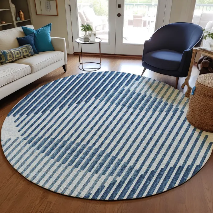 8' Blue And Ivory Round Geometric Washable Indoor Outdoor Area Rug