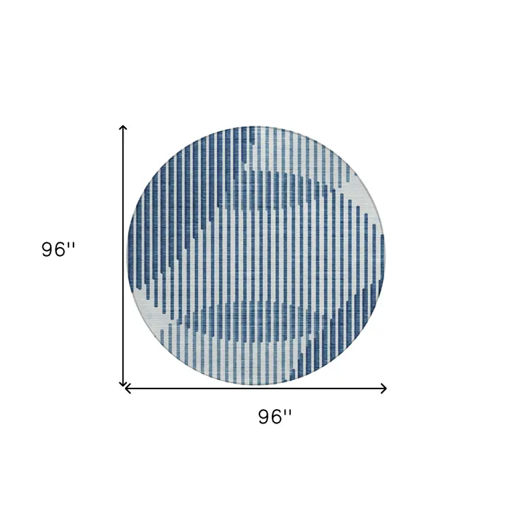 8' Blue And Ivory Round Geometric Washable Indoor Outdoor Area Rug