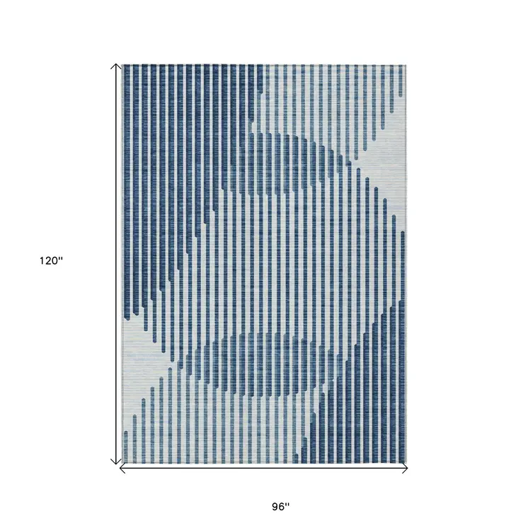 8' X 10' Blue And Ivory Geometric Washable Indoor Outdoor Area Rug