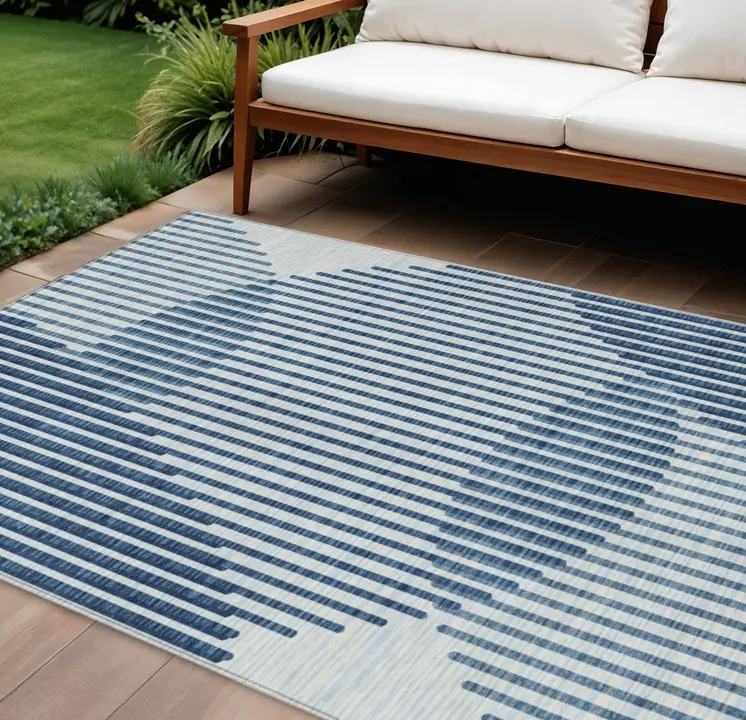 9' X 12' Blue And Ivory Geometric Washable Indoor Outdoor Area Rug