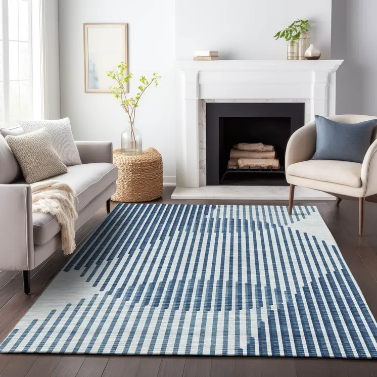 9' X 12' Blue And Ivory Geometric Washable Indoor Outdoor Area Rug