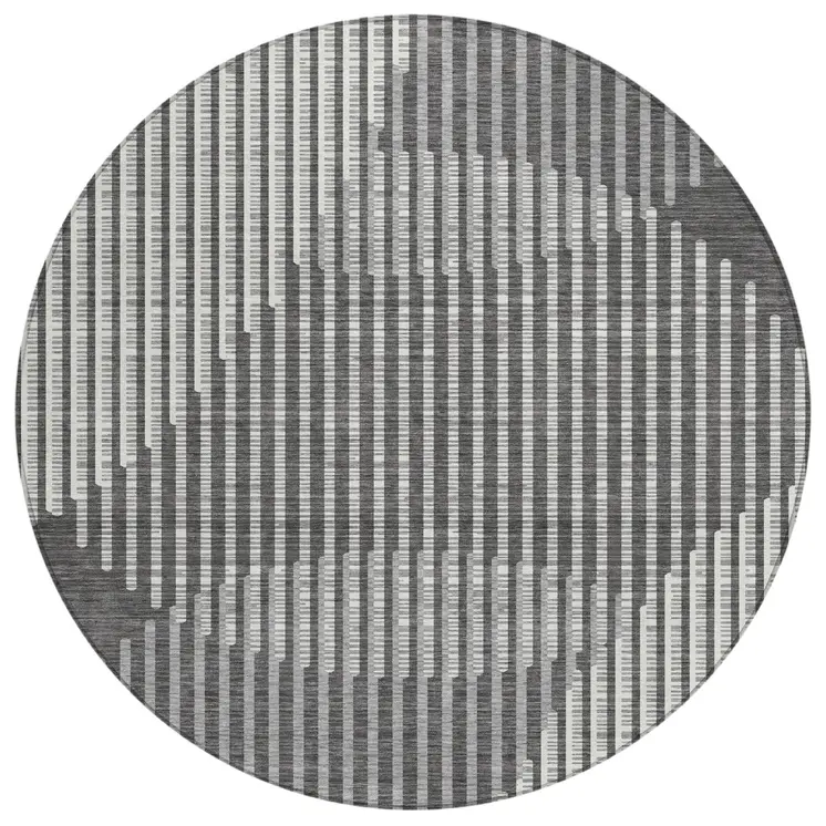 8' Charcoal And Ivory Round Geometric Washable Indoor Outdoor Area Rug