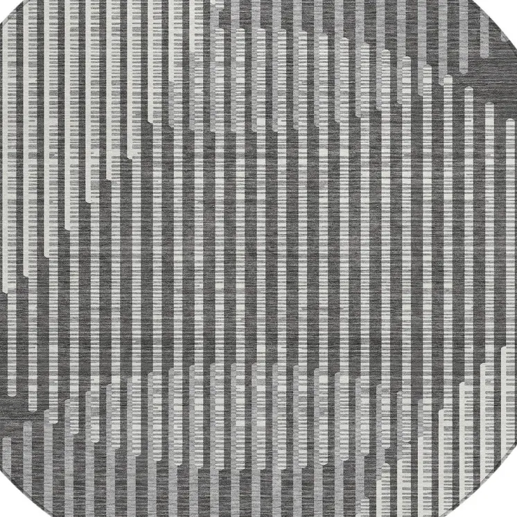 8' Charcoal And Ivory Round Geometric Washable Indoor Outdoor Area Rug