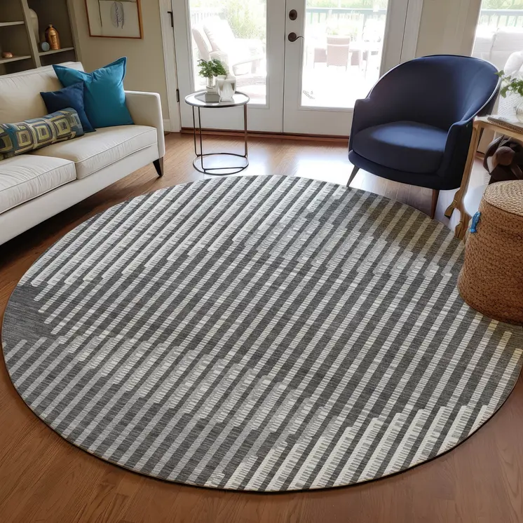 8' Charcoal And Ivory Round Geometric Washable Indoor Outdoor Area Rug