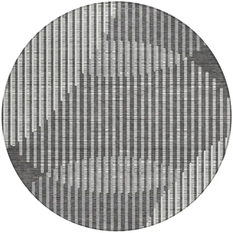 8' Charcoal And Ivory Round Geometric Washable Indoor Outdoor Area Rug