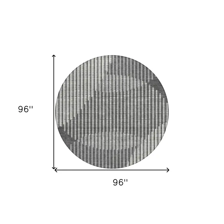 8' Charcoal And Ivory Round Geometric Washable Indoor Outdoor Area Rug