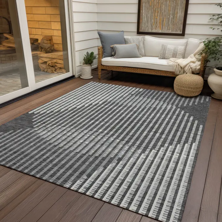 8' X 10' Charcoal And Ivory Geometric Washable Indoor Outdoor Area Rug