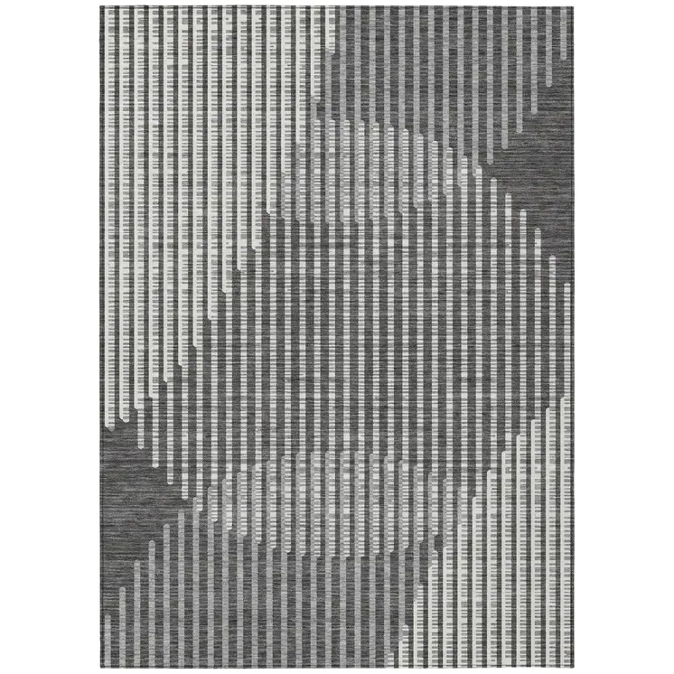 8' X 10' Charcoal And Ivory Geometric Washable Indoor Outdoor Area Rug