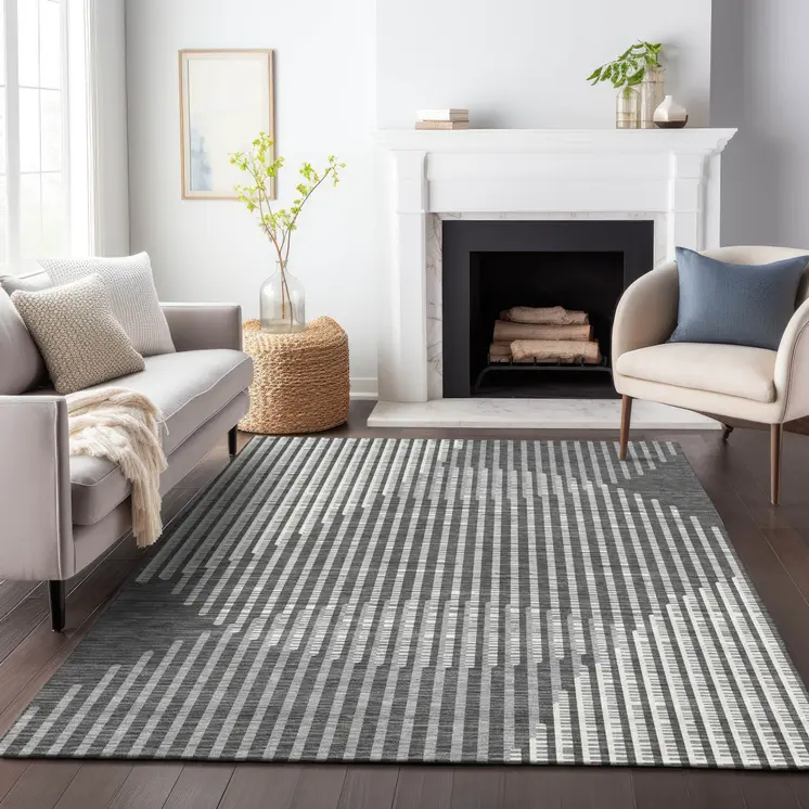 8' X 10' Charcoal And Ivory Geometric Washable Indoor Outdoor Area Rug