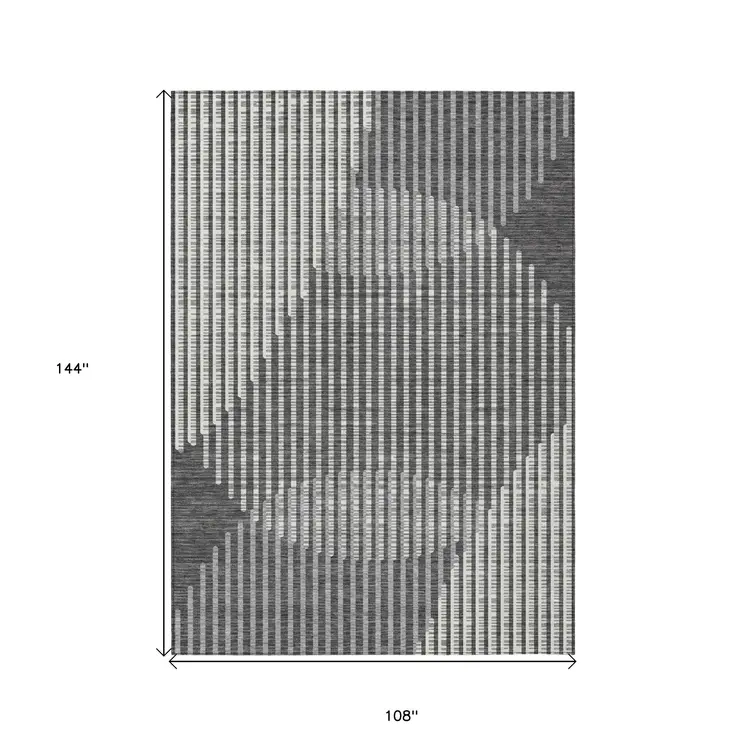 9' X 12' Charcoal And Ivory Geometric Washable Indoor Outdoor Area Rug