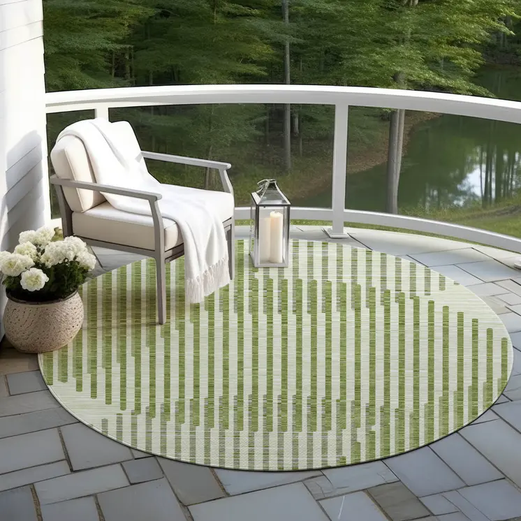 8' Green And Ivory Round Geometric Washable Indoor Outdoor Area Rug