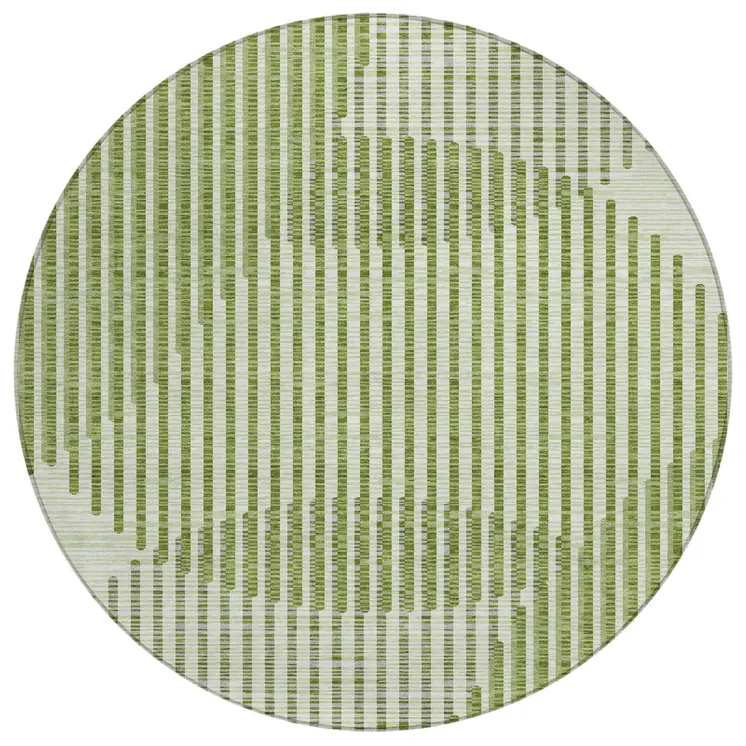 8' Green And Ivory Round Geometric Washable Indoor Outdoor Area Rug