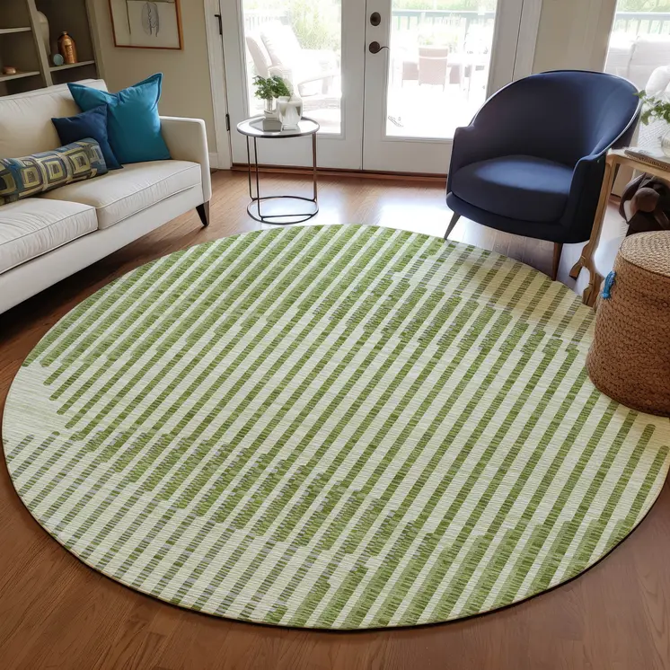 8' Green And Ivory Round Geometric Washable Indoor Outdoor Area Rug