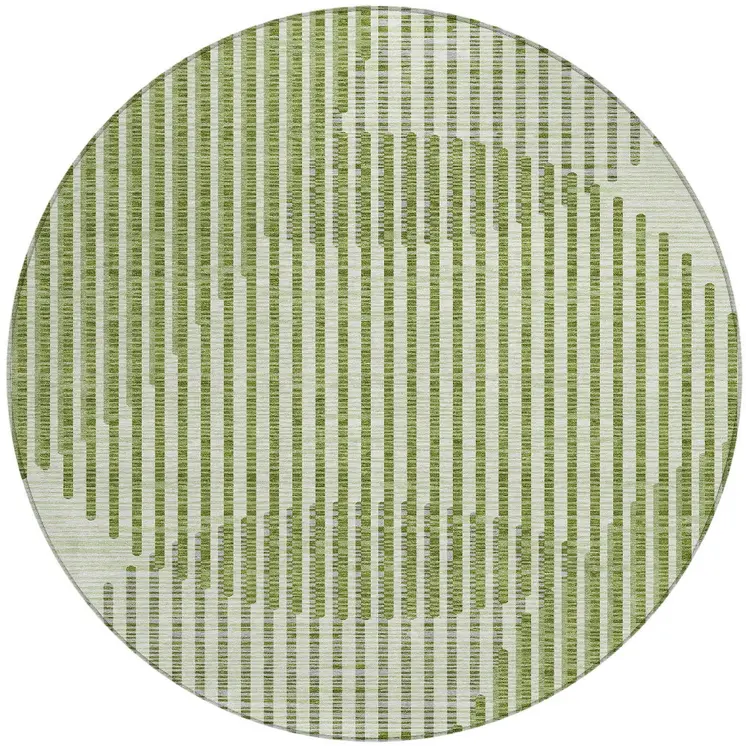 8' Green And Ivory Round Geometric Washable Indoor Outdoor Area Rug