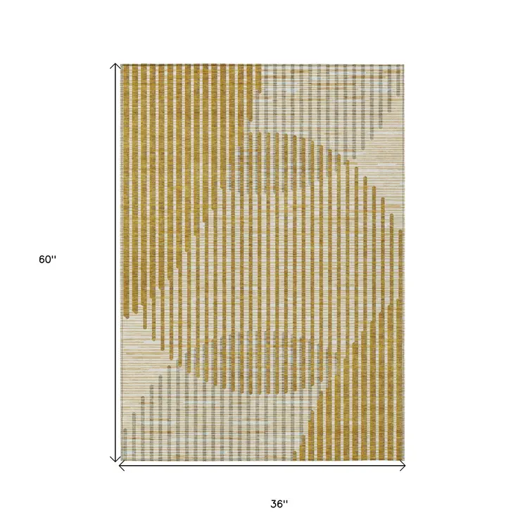 3' X 5' Gold And Beige Geometric Washable Indoor Outdoor Area Rug