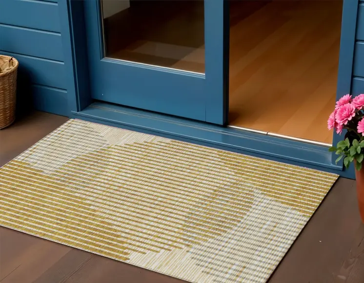 3' X 5' Gold And Beige Geometric Washable Indoor Outdoor Area Rug
