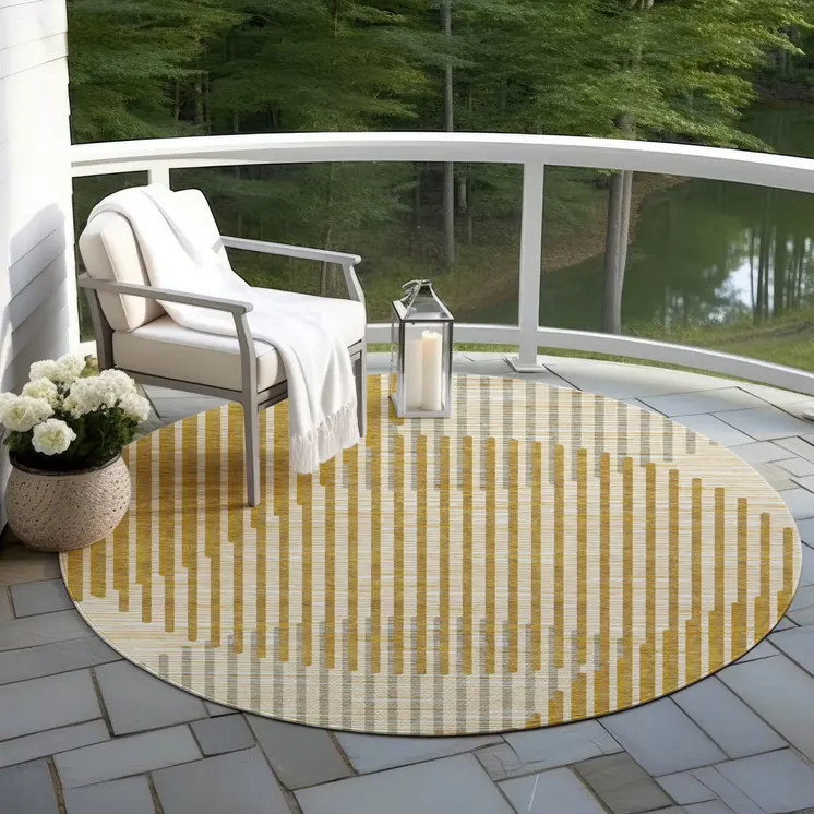 8' Gold And Beige Round Geometric Washable Indoor Outdoor Area Rug