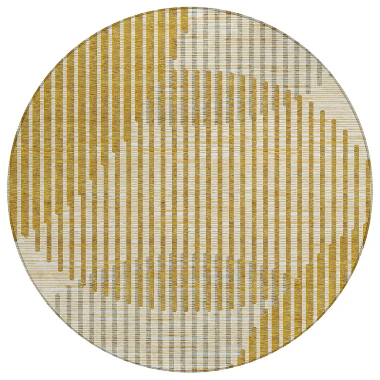8' Gold And Beige Round Geometric Washable Indoor Outdoor Area Rug